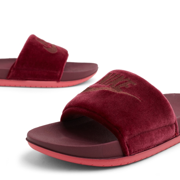 burgundy and gold nike slides